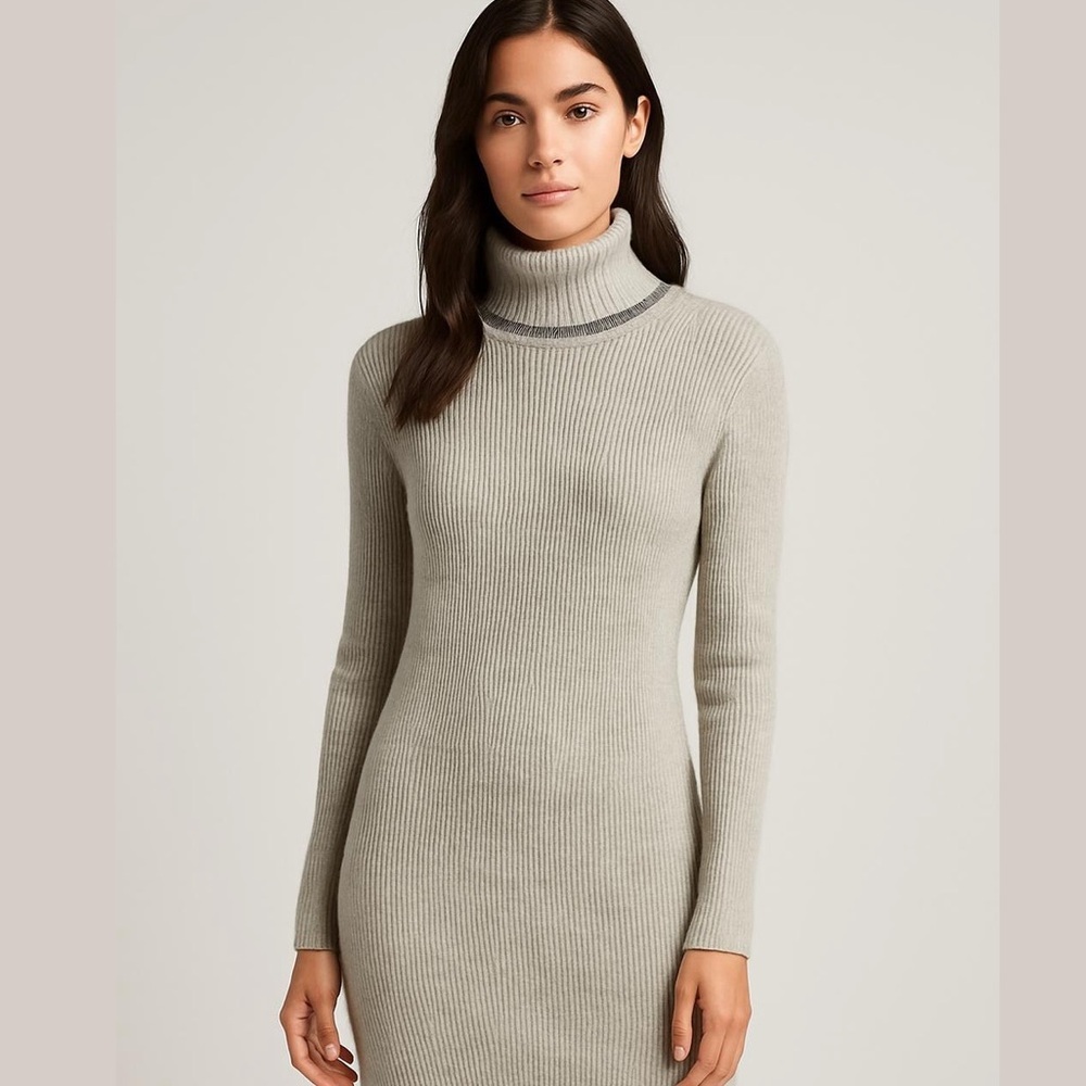 Kit + Ace Grey Ribbed Chunky Cashmere Silk Wool Turtleneck Sweater Dress Size M
